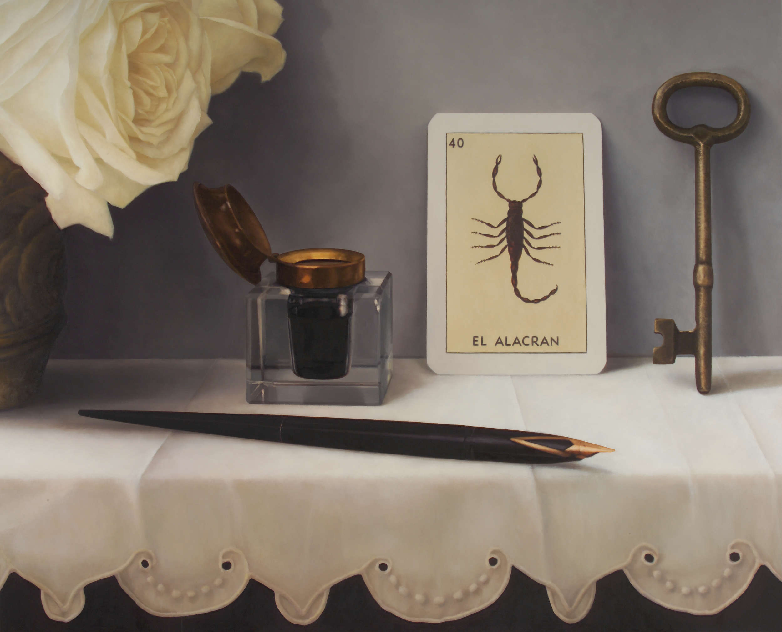 Mexican playing card scorpion (alacran) yellow and white, black antique writing pen, antique ink well, giant white roses, gold vase