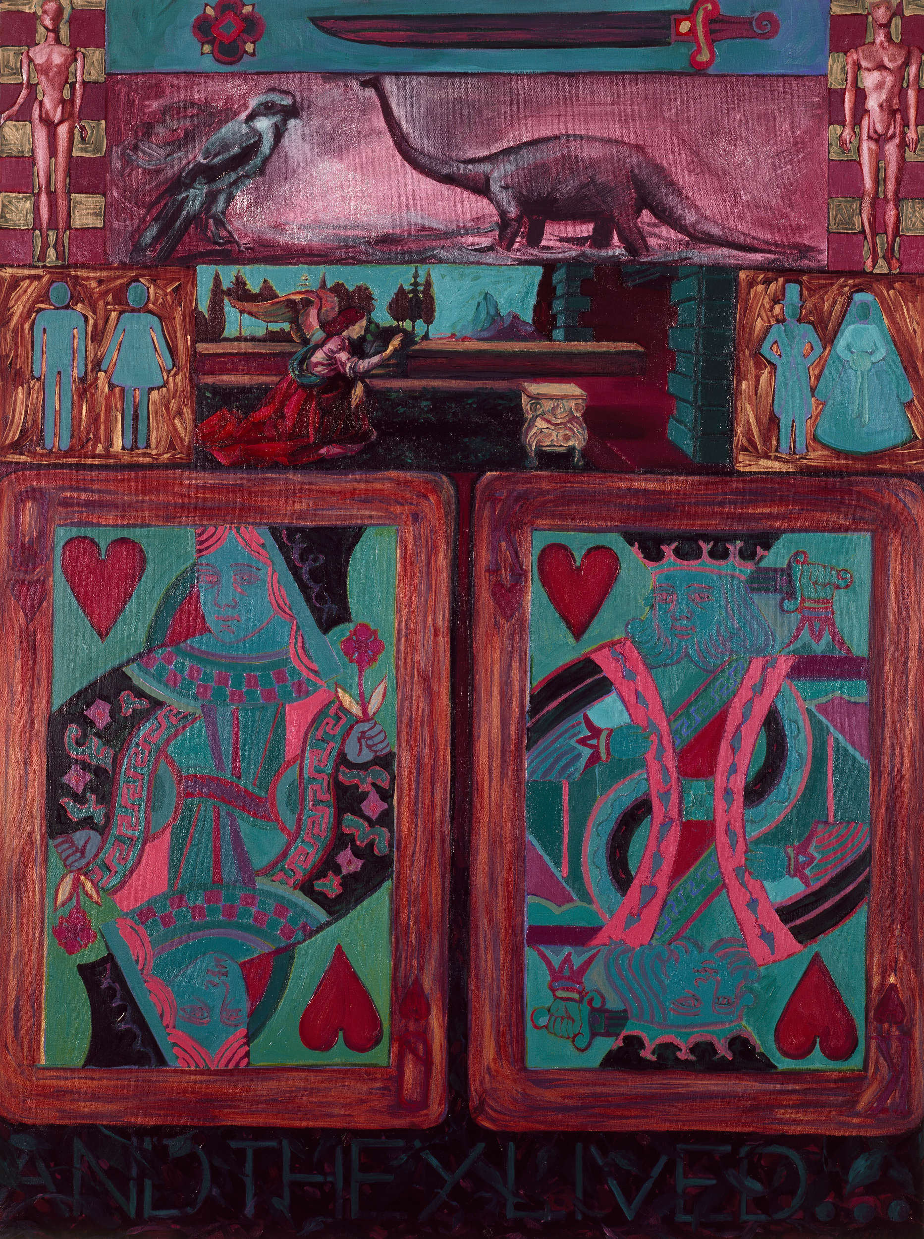 Giant playing cards Queen and King of Hearts, part of Da Vinci's Annunciation with Angel but no virgin, dinosaur, bird, Barbie and Ken dolls, symbol for man and woman, symbol for wedding couple, sword and flower, gold leaf paint