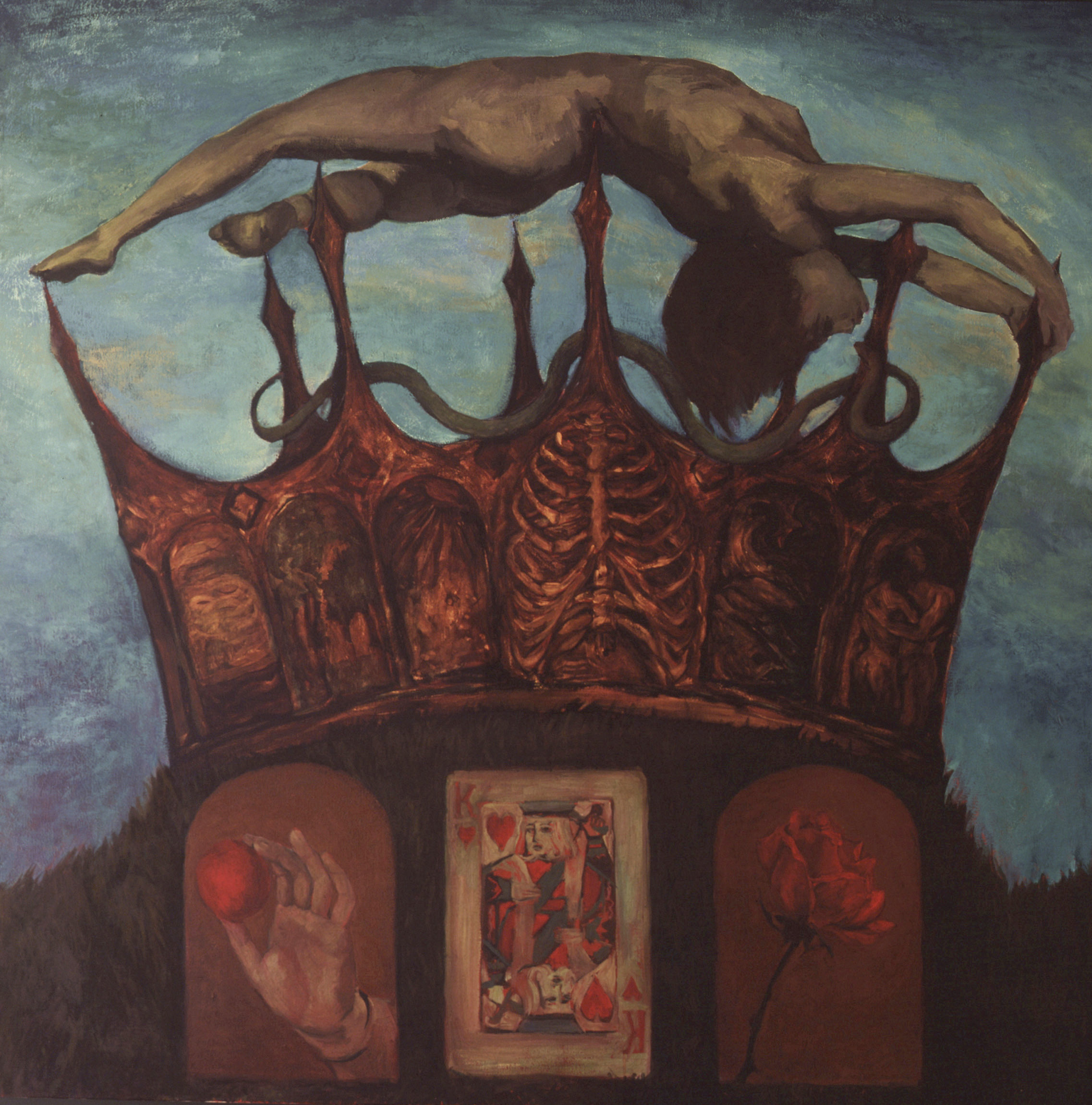 female nude figure pierced by the points of a crown, rib cage, apple, Adam and Eve, playing card, King of  Hearts, rose, illuminated manuscript inspiration