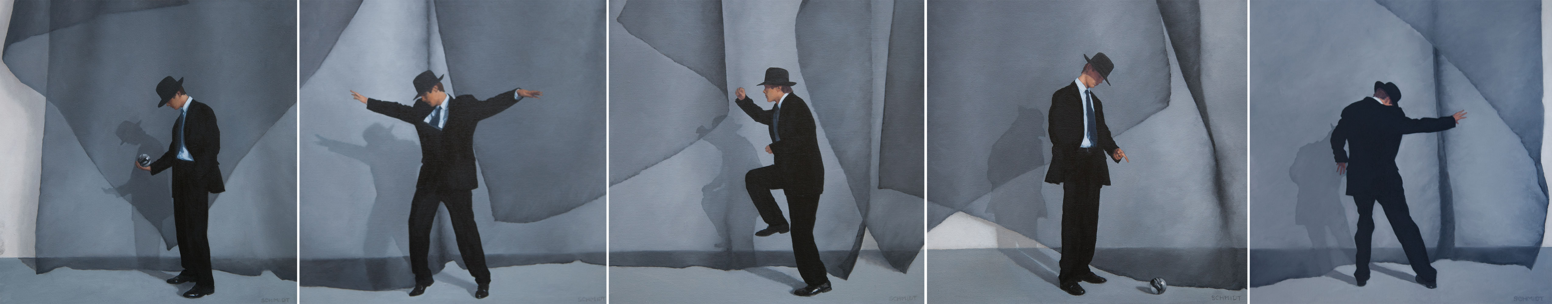 Men Dancing and running wearing fedora hats and suits