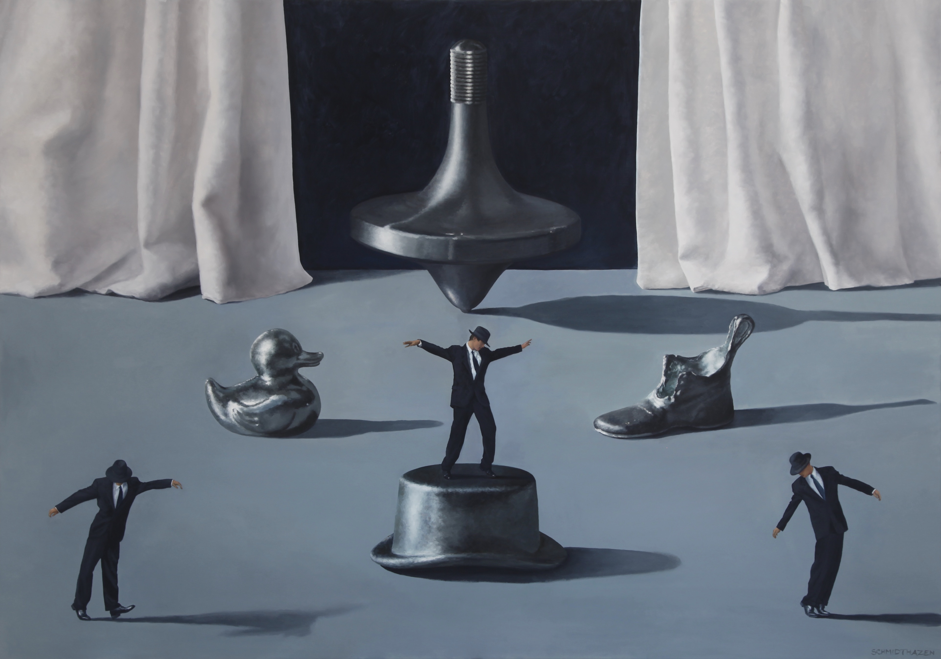 SILVER SPINNING TOP, MONOPOLY PIECES, 3 MEN IN FEDORAS DANCING