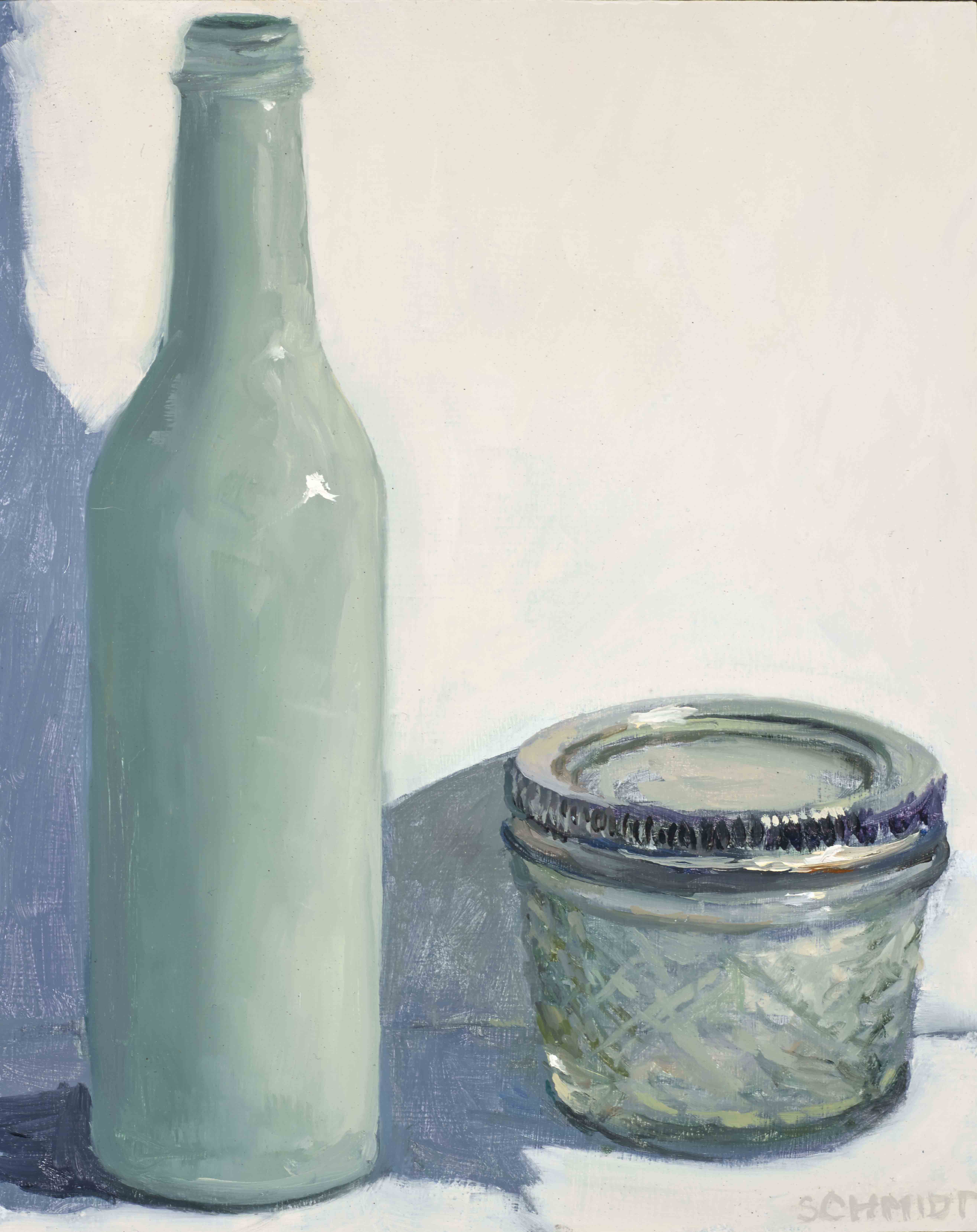 milk green bottle with jelly jar and silver lid